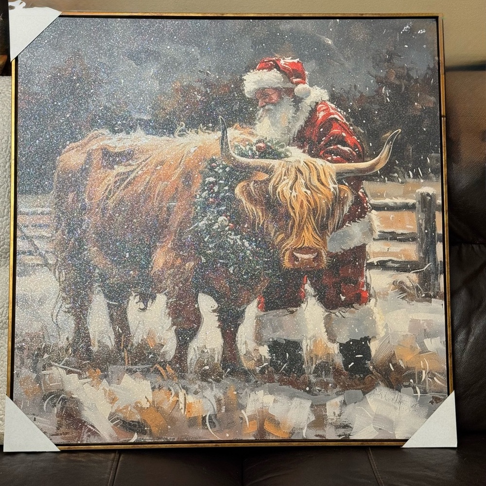 Santa and Highland Cow Canvas Art